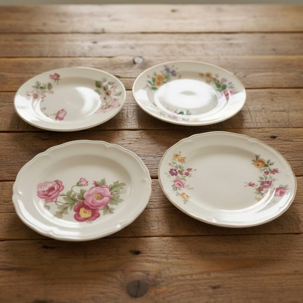 Edwin M Knowles Floral Bread & Butter Plates, Set of 4, Vtg Assorted Dinnerware